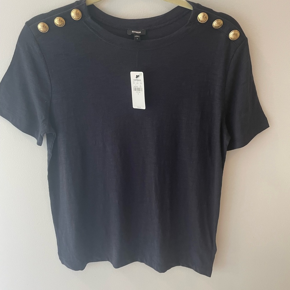 NWT Express skimming novelty button crew neck tee- navy blue